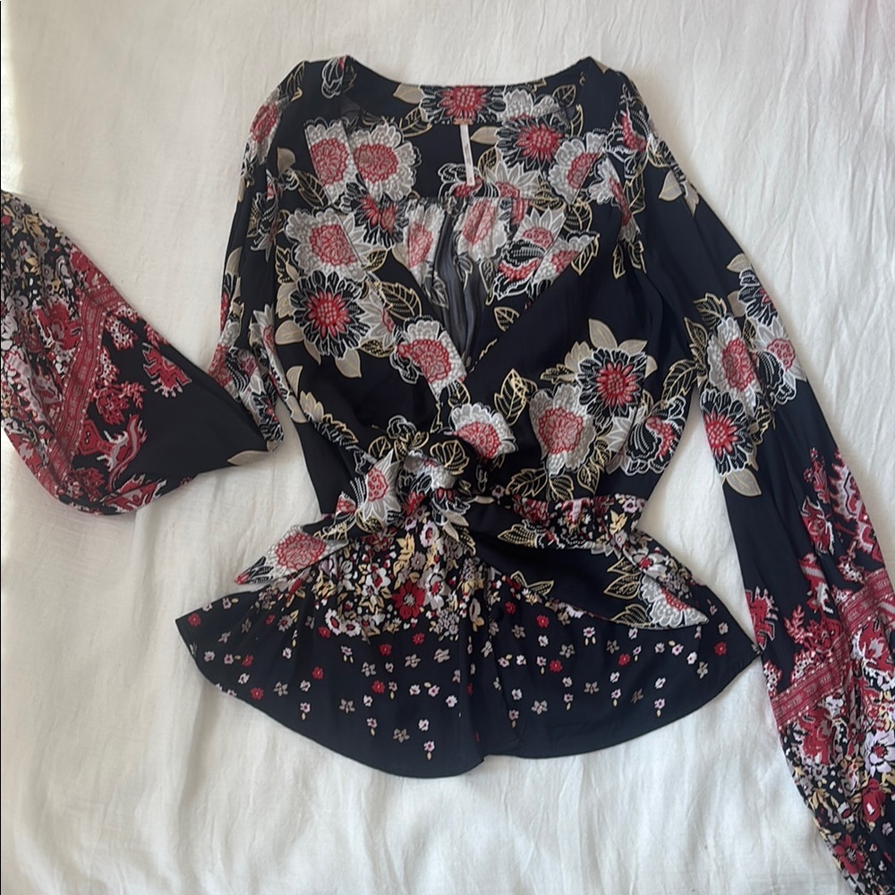 Free People Black and Pink Wrap Tie Front Blouse